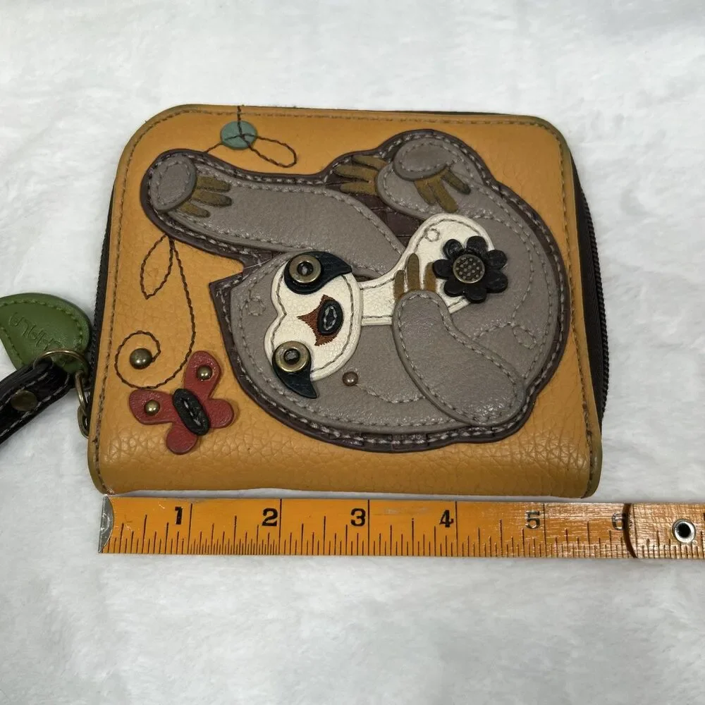 Chala Yellow Leather Zip-Around Wristlet with Sloth Applique